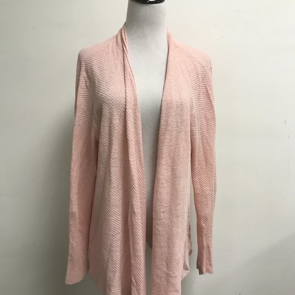 Eileen Fisher pink linen knit drape front cardigan sweater jacket L